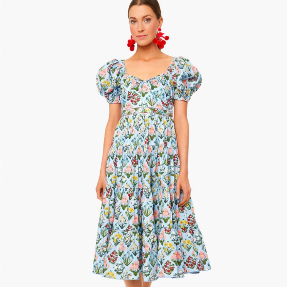 NWT Agua Bendita Palmera Magdalena Day Cotton Midi Dress Blue Floral Print S